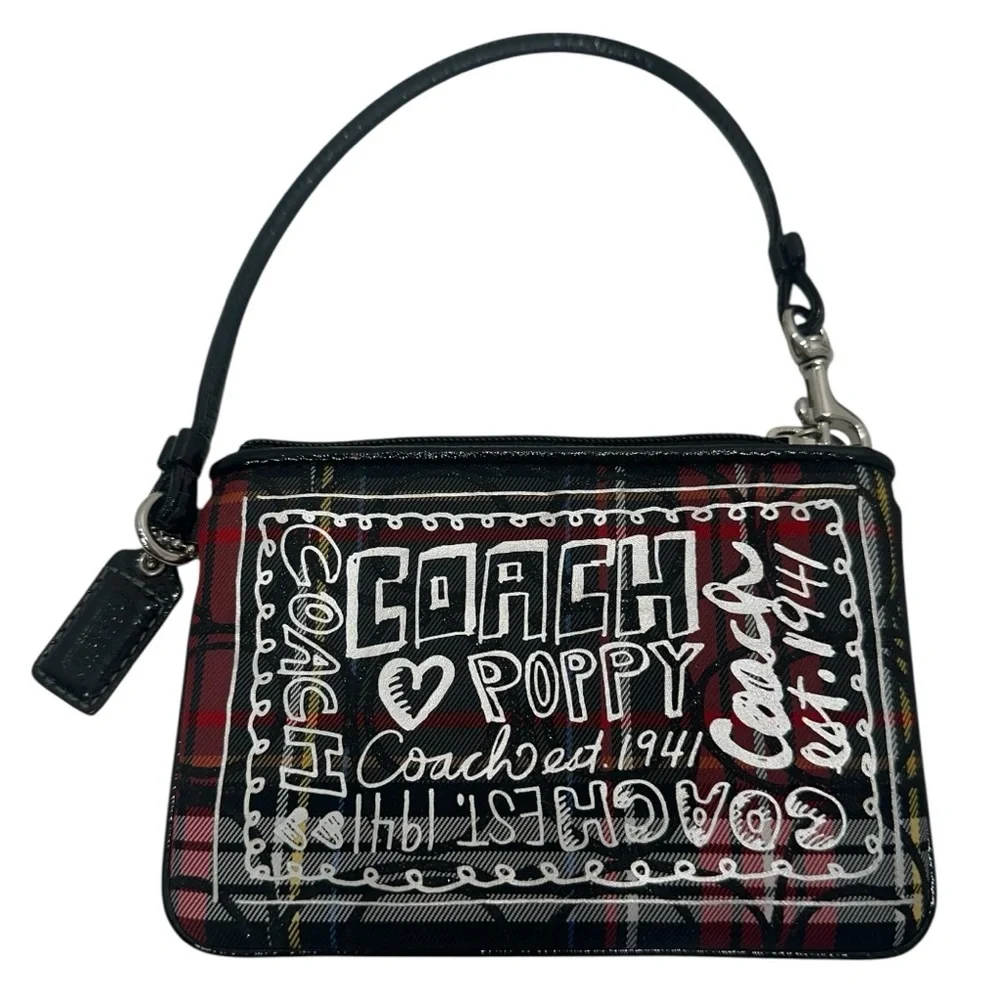 Coach Poppy Tartan Plaid Wristlet Black Red  Graffiti Patent Leather Y2K Vintage - Picture 2 of 13